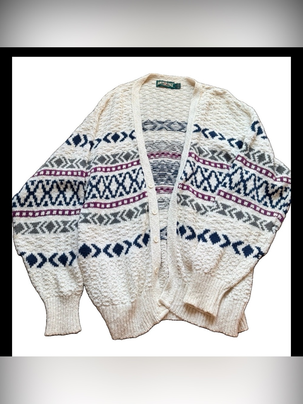 Vtg 90s American Eagle Cardigan Fairisle grandpa core oversized made in USA Sz l